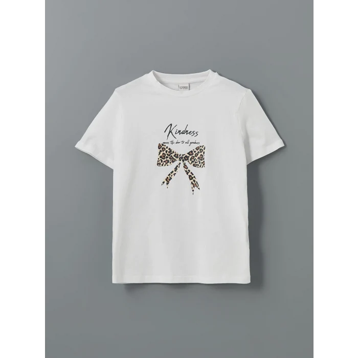 LCW Kids Beyaz Bisiklet Yaka Fiyonk Baskılı Kız Çocuk Tişört