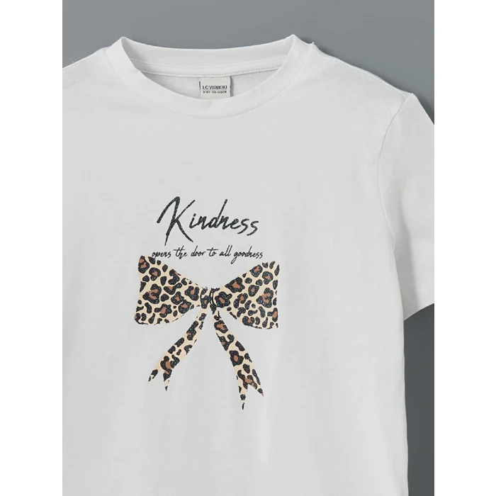 LCW Kids Beyaz Bisiklet Yaka Fiyonk Baskılı Kız Çocuk Tişört