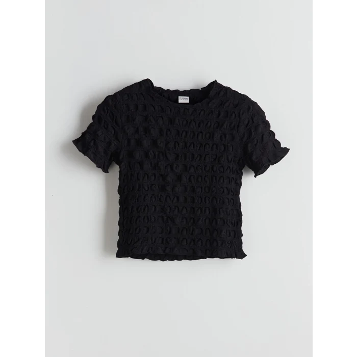 LCW Kids Siyah Bisiklet Yaka Kız Çocuk Crop Tişört