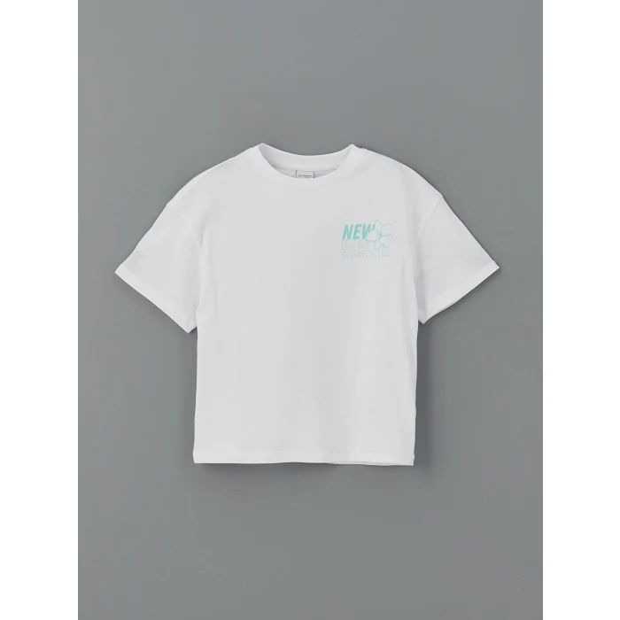 LCW Kids Beyaz Bisiklet Yaka Baskılı Kız Çocuk Tişört