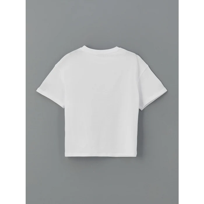 LCW Kids Beyaz Bisiklet Yaka Baskılı Kız Çocuk Tişört