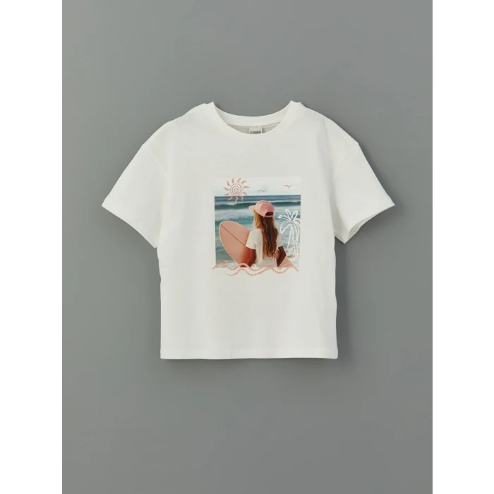 LCW Kids Ekru Bisiklet Yaka Kız Çocuk Tişört