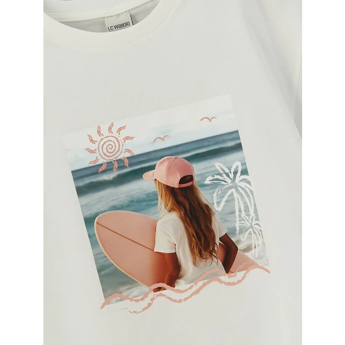 LCW Kids Ekru Bisiklet Yaka Kız Çocuk Tişört