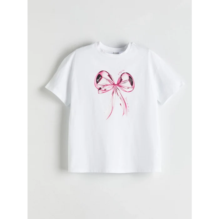 LCW Kids Beyaz Bisiklet Yaka Fiyonk Baskılı Kız Çocuk Tişört