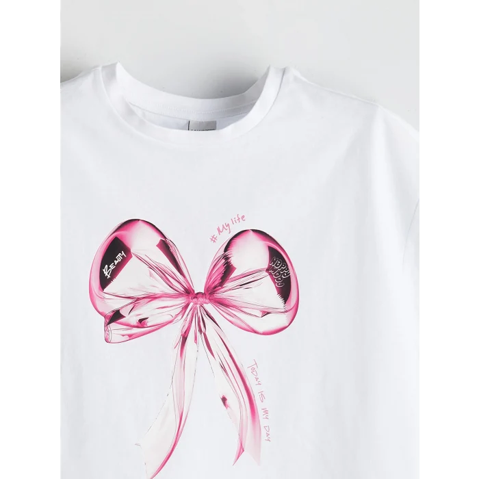 LCW Kids Beyaz Bisiklet Yaka Fiyonk Baskılı Kız Çocuk Tişört