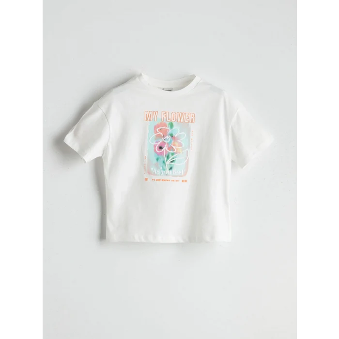 LCW Kids Ekru Bisiklet Yaka Çiçekli Kız Çocuk Tişört