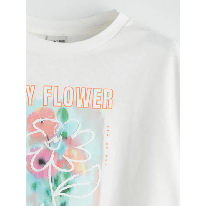 LCW Kids Ekru Bisiklet Yaka Çiçekli Kız Çocuk Tişört