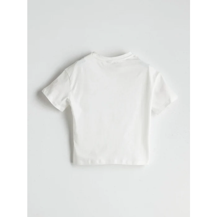 LCW Kids Ekru Bisiklet Yaka Çiçekli Kız Çocuk Tişört