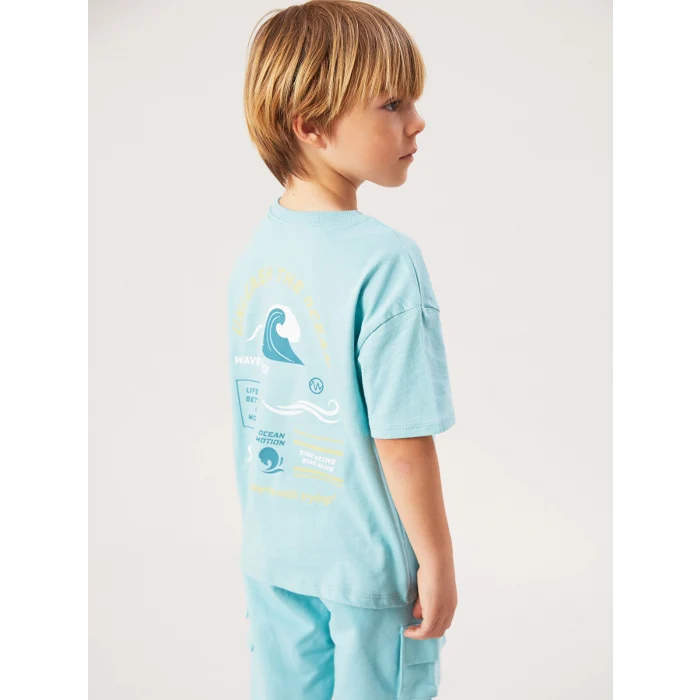 LCW Kids Turkuaz Bisiklet Yaka Baskılı Erkek Çocuk Tişört