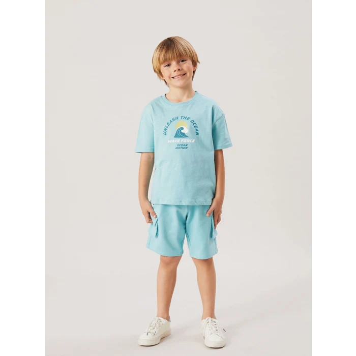 LCW Kids Turkuaz Bisiklet Yaka Baskılı Erkek Çocuk Tişört