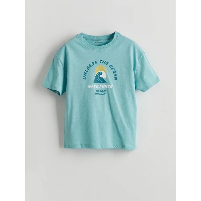 LCW Kids Turkuaz Bisiklet Yaka Baskılı Erkek Çocuk Tişört