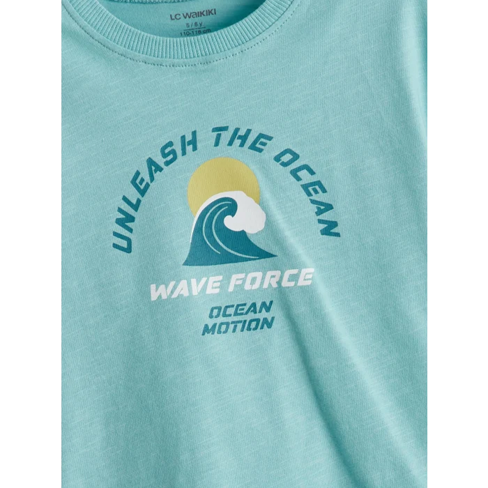 LCW Kids Turkuaz Bisiklet Yaka Baskılı Erkek Çocuk Tişört