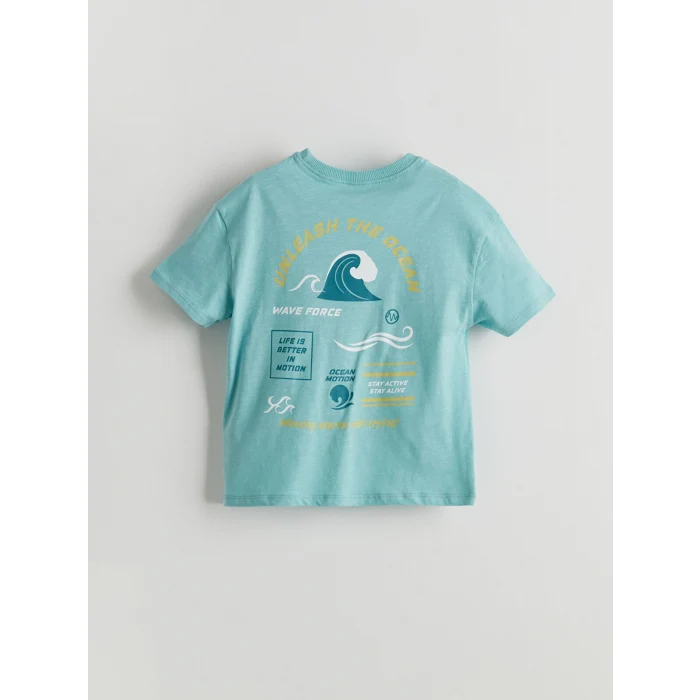 LCW Kids Turkuaz Bisiklet Yaka Baskılı Erkek Çocuk Tişört