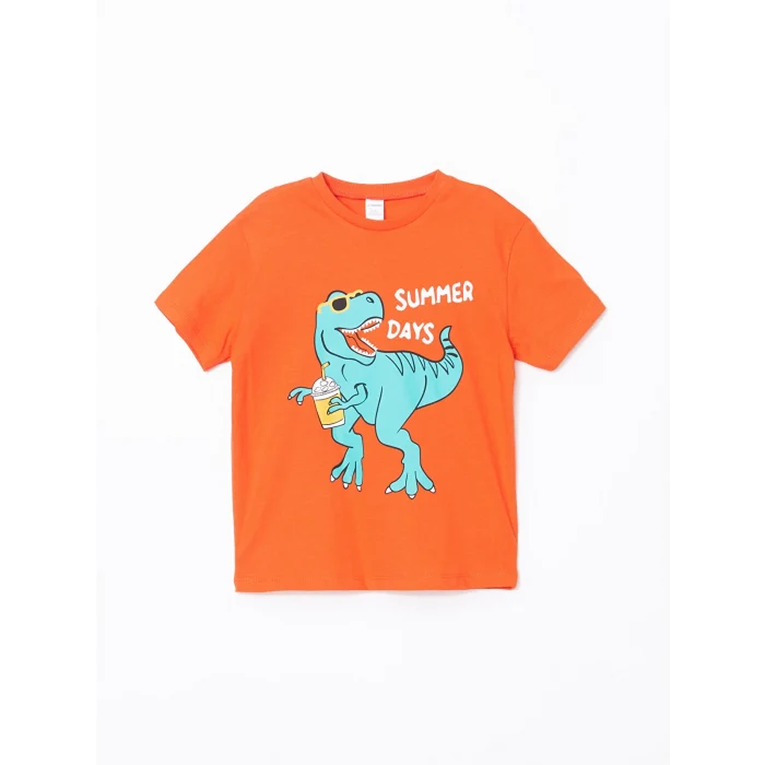 LCW Kids Turuncu Bisiklet Yaka Dinozor Baskılı Erkek Çocuk Tişört
