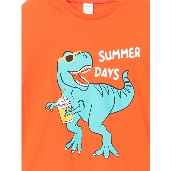 LCW Kids Turuncu Bisiklet Yaka Dinozor Baskılı Erkek Çocuk Tişört