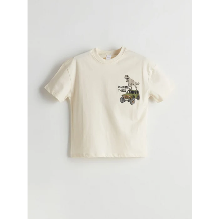 LCW Kids Bej Bisiklet Yaka Dinozor Baskılı Erkek Çocuk Tişört