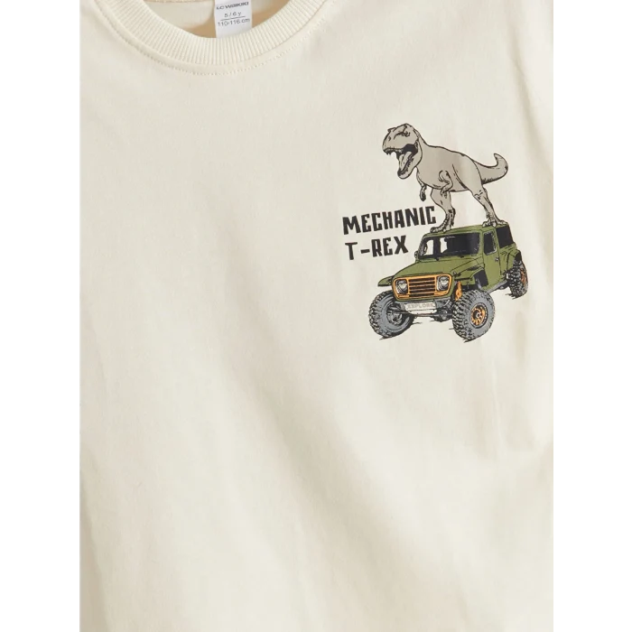 LCW Kids Bej Bisiklet Yaka Dinozor Baskılı Erkek Çocuk Tişört