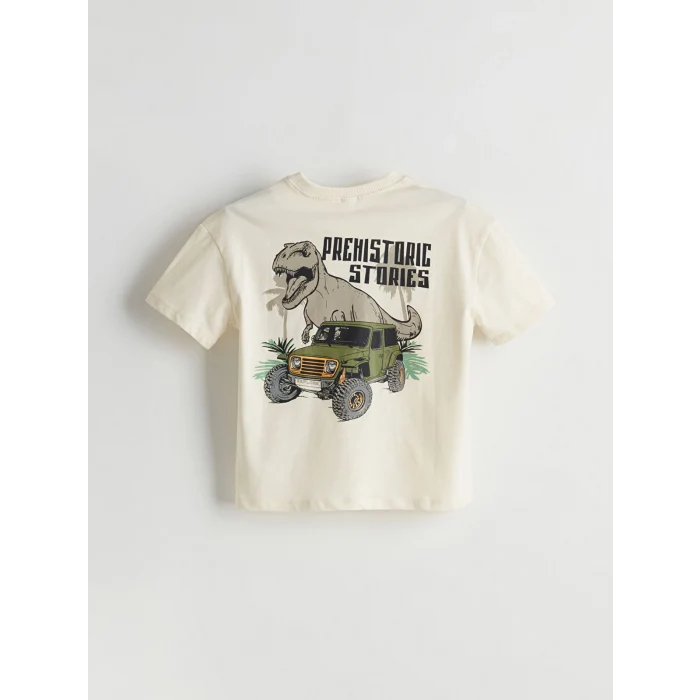 LCW Kids Bej Bisiklet Yaka Dinozor Baskılı Erkek Çocuk Tişört