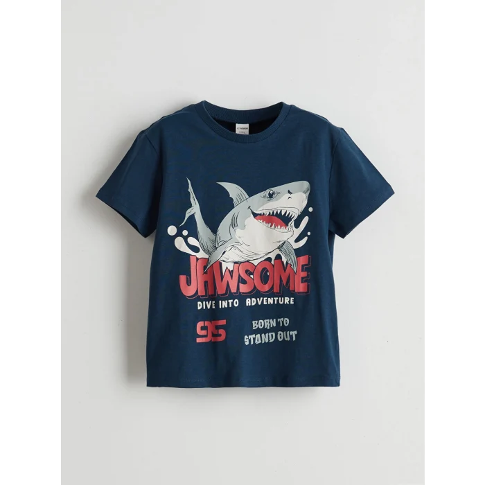 LCW Kids İndigo Bisiklet Yaka Jaws Baskılı Penye Erkek Çocuk Tişört