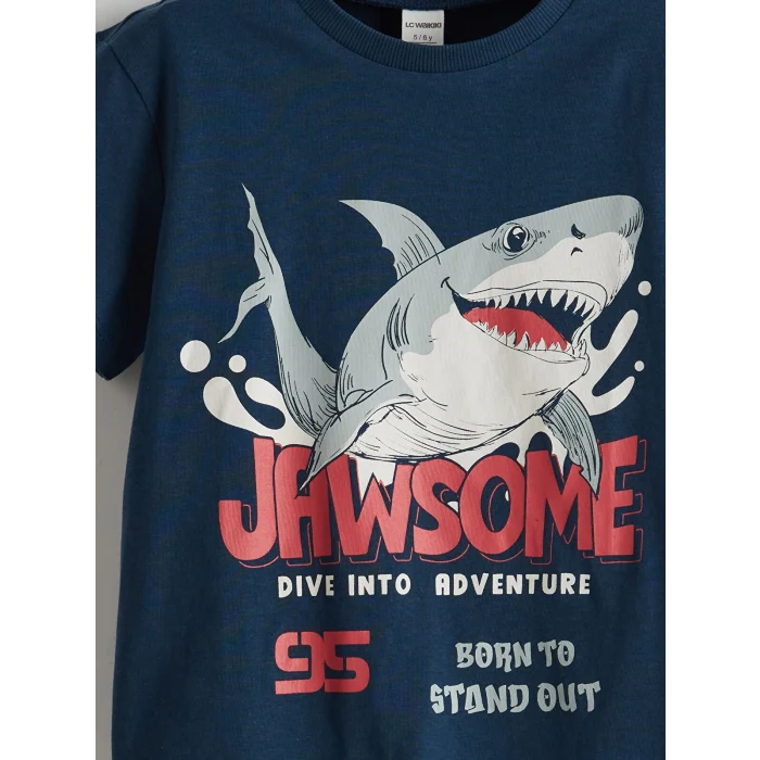 LCW Kids İndigo Bisiklet Yaka Jaws Baskılı Penye Erkek Çocuk Tişört