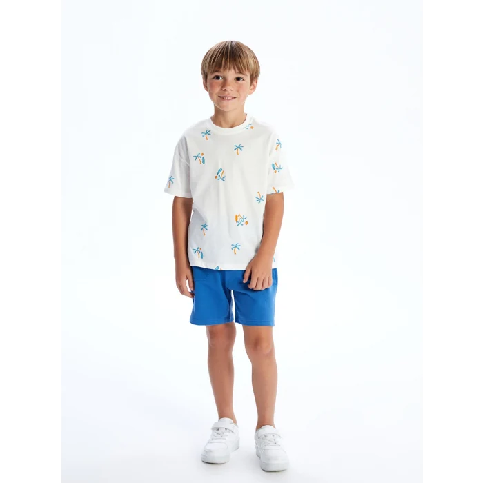 LCW Kids Ekru Bisiklet Yaka Desenli Penye Erkek Bebek Tişört