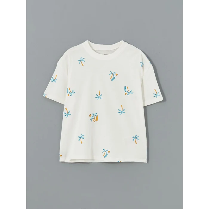 LCW Kids Ekru Bisiklet Yaka Desenli Penye Erkek Bebek Tişört