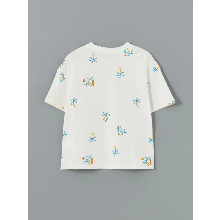 LCW Kids Ekru Bisiklet Yaka Desenli Penye Erkek Bebek Tişört