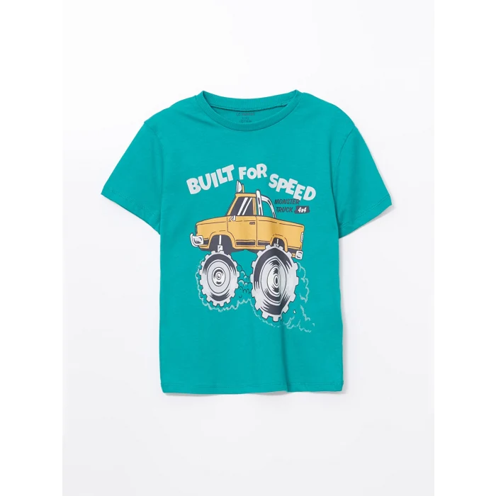 LCW Kids Yeşil Bisiklet Yaka Baskılı Erkek Çocuk Tişört