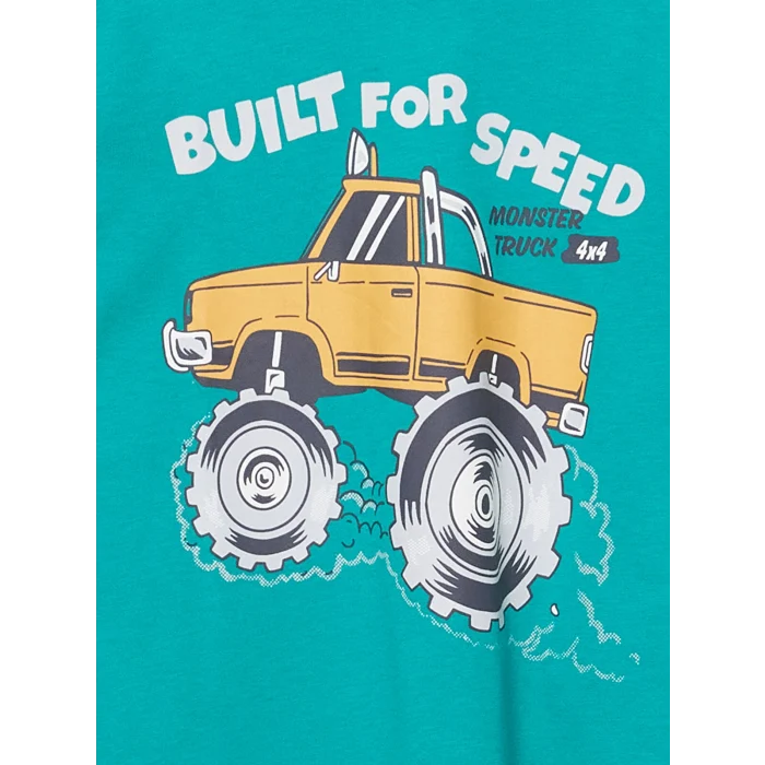 LCW Kids Yeşil Bisiklet Yaka Baskılı Erkek Çocuk Tişört