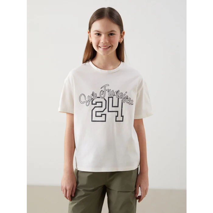 LCW Kids Ekru Bisiklet Yaka San Francisco Baskılı Kız Çocuk Tişört