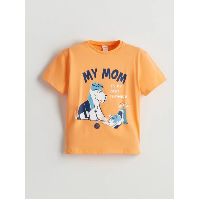 LCW Kids Turuncu Bisiklet Yaka Baskılı Erkek Çocuk Tişört