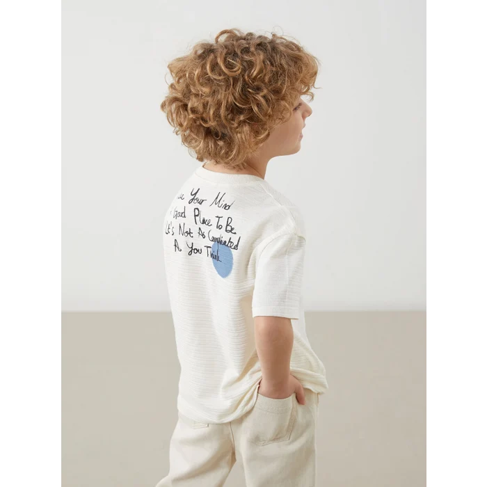 LCW Kids Bej Bisiklet Yaka Baskılı Erkek Çocuk Tişört