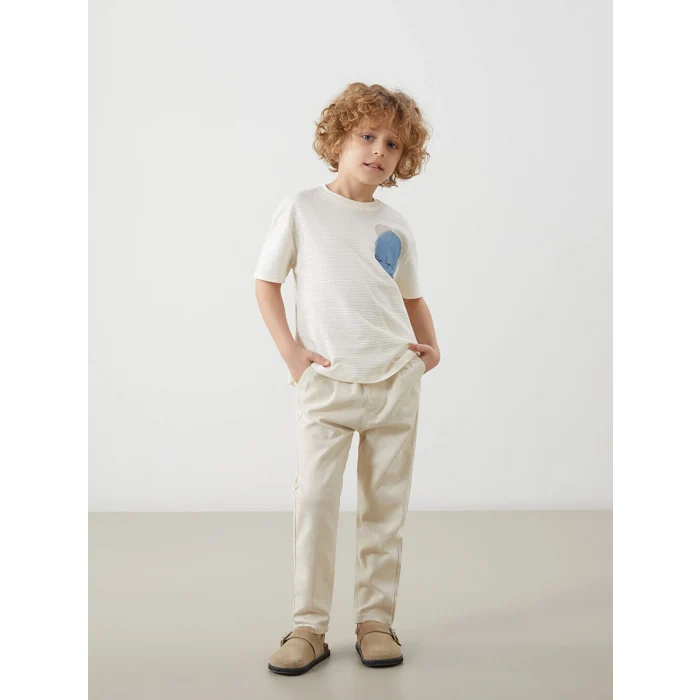 LCW Kids Bej Bisiklet Yaka Baskılı Erkek Çocuk Tişört