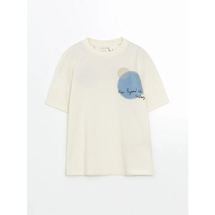 LCW Kids Bej Bisiklet Yaka Baskılı Erkek Çocuk Tişört