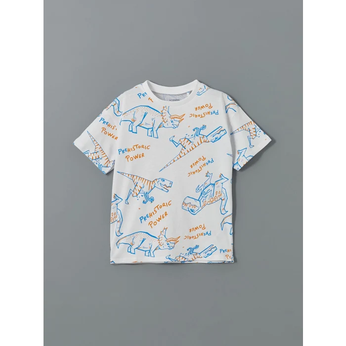 LCW Kids Beyaz Bisiklet Yaka Baskılı Erkek Çocuk Tişört