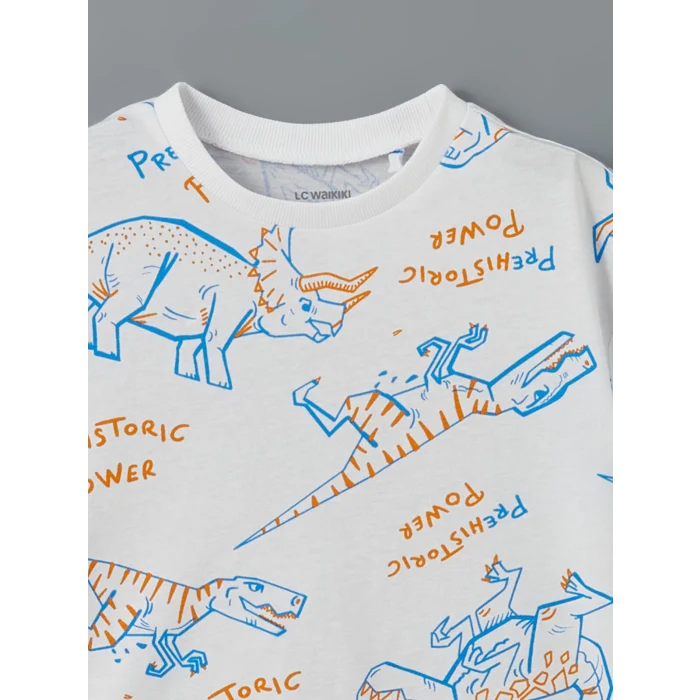 LCW Kids Beyaz Bisiklet Yaka Baskılı Erkek Çocuk Tişört