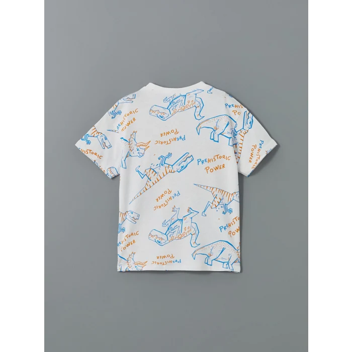 LCW Kids Beyaz Bisiklet Yaka Baskılı Erkek Çocuk Tişört