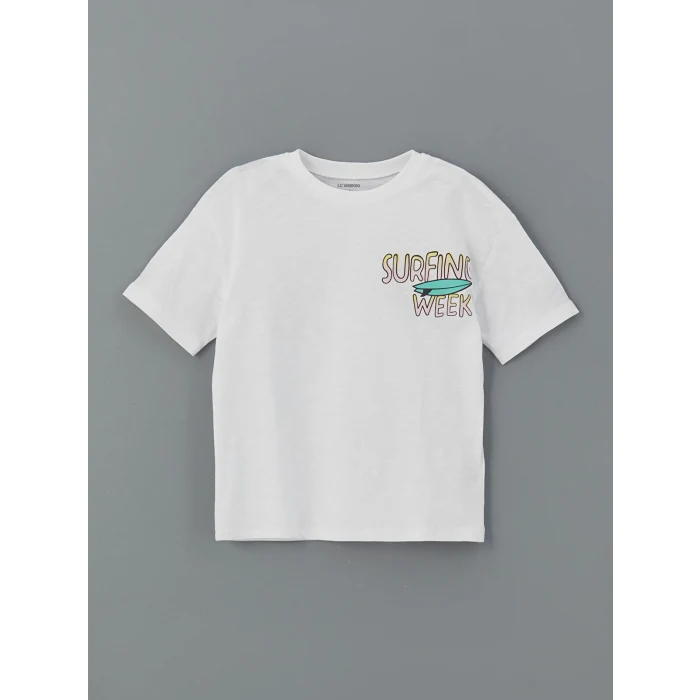 LCW Kids Beyaz Bisiklet Yaka Baskılı Erkek Çocuk Tişört