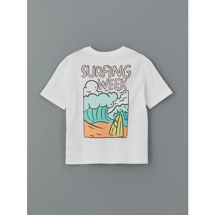 LCW Kids Beyaz Bisiklet Yaka Baskılı Erkek Çocuk Tişört