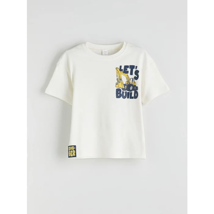 LCW Kids Ekru Bisiklet Yaka Baskılı Erkek Çocuk Tişört