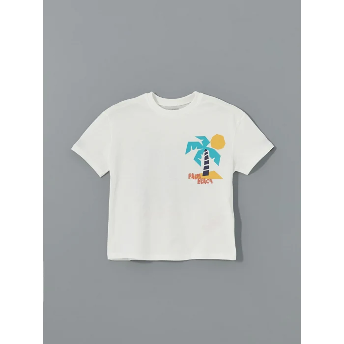 LCW Kids Ekru Bisiklet Yaka Baskılı Erkek Çocuk Tişört