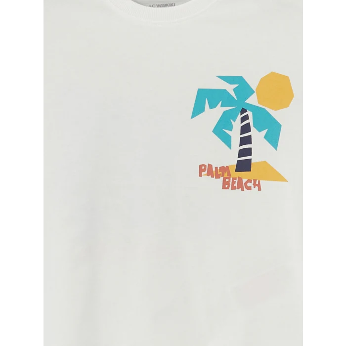 LCW Kids Ekru Bisiklet Yaka Baskılı Erkek Çocuk Tişört