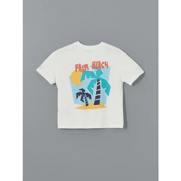 LCW Kids Ekru Bisiklet Yaka Baskılı Erkek Çocuk Tişört