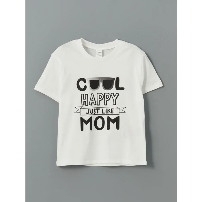 LCW Kids Ekru Bisiklet Yaka Baskılı Erkek Çocuk Tişört