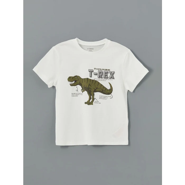LCW Kids Ekru Bisiklet Yaka Dinozor Baskılı Erkek Çocuk Tişört