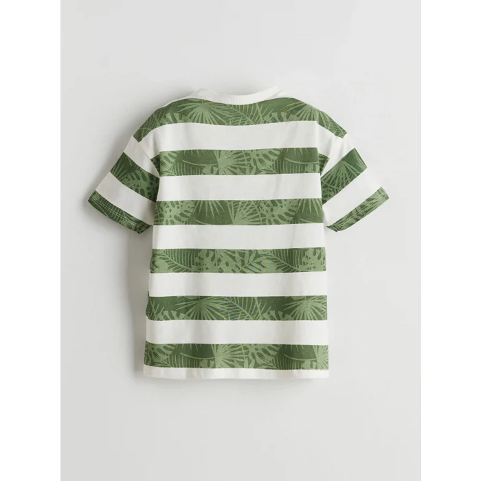 LCW Kids Yeşil Bisiklet Yaka Çizgili Penye Erkek Çocuk Tişört