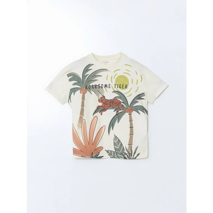 LCW Kids Bej Bisiklet Yaka Baskılı Erkek Çocuk Tişört