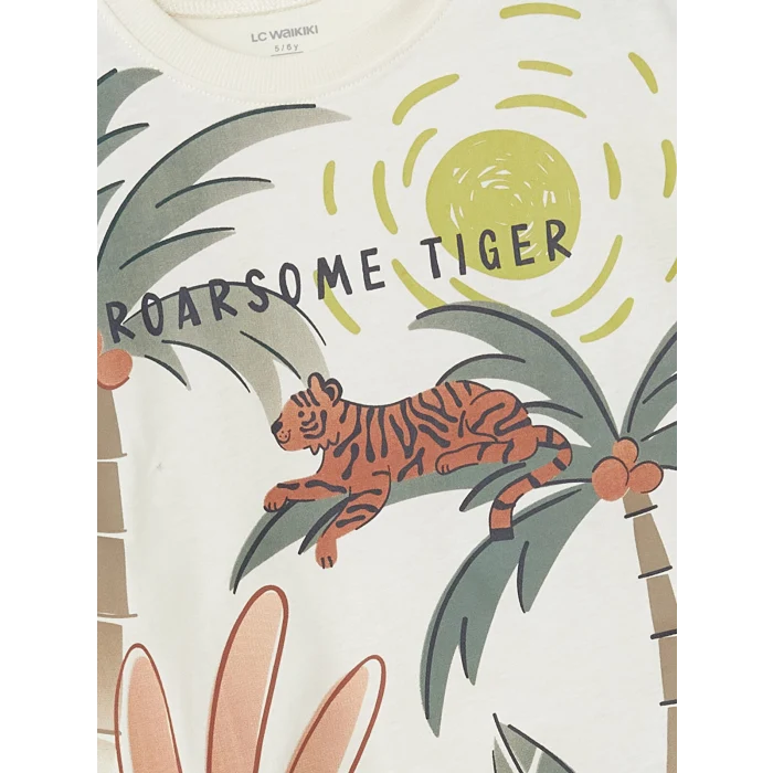 LCW Kids Bej Bisiklet Yaka Baskılı Erkek Çocuk Tişört