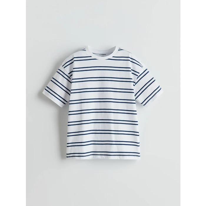 LCW Kids Beyaz Bisiklet Yaka Çizgili Erkek Bebek Tişört