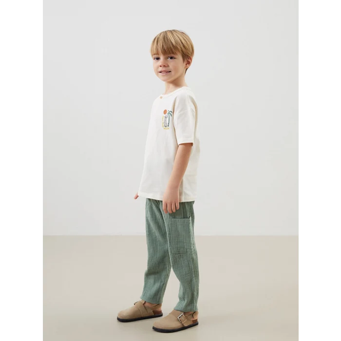 LCW Kids Bej Bisiklet Yaka Baskılı Erkek Çocuk Tişört